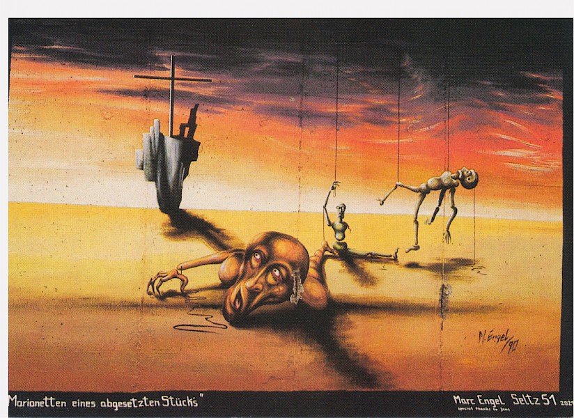 East Side Gallery: Marc Engel, Marionetten eines abgesetzten Stücks, 1990 © Stiftung Berliner Mauer, postcard