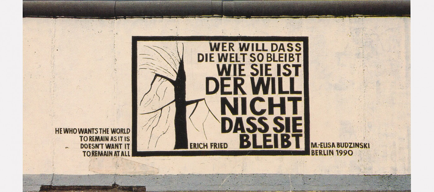 East Side Gallery: Monika-Elisa Budzinski, Wer will, dass die Welt…, 1990 © Stiftung Berliner Mauer, postcard