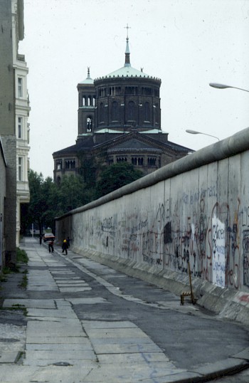 The Wall cut across many streets in Kreuzberg, such as here at Bethaniendamm, leaving only a pavement