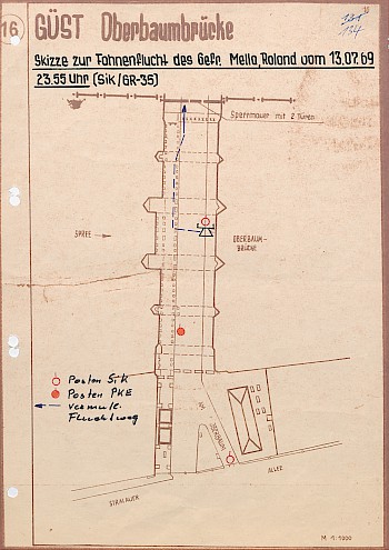 Route taken by a border guard on duty at Oberbaumbrücke, deserting to West Berlin in 1969, sketched by border soldiers, 1969