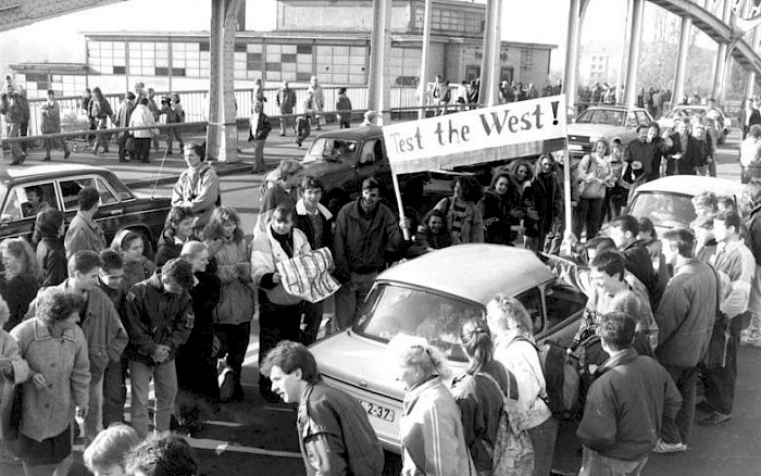 West Berliners welcoming people from East Berlin as they crossed the Bornholmer Bridge into West Berlin, 10 November 1989
