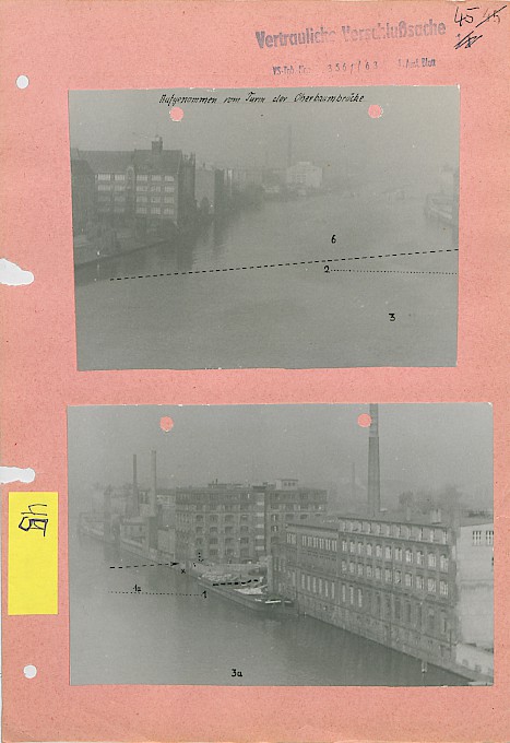 Crime scene photo taken by the GDR border troops documenting the escape route of Anton Walzer in the Spree near the Oberbaum Bridge, 8 October 1962